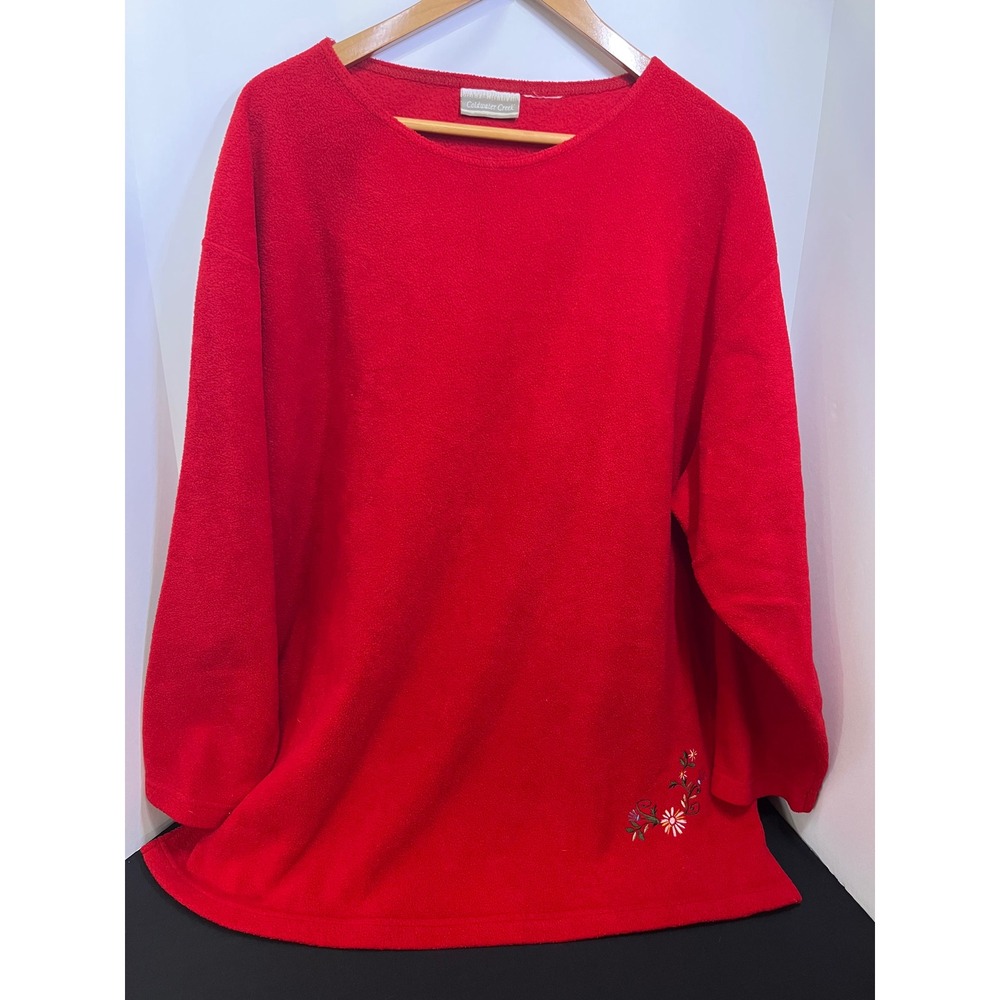 Coldwater Creek Womens Red Fleece Floral Embroidered Long Sleeve Pullover Top 3X